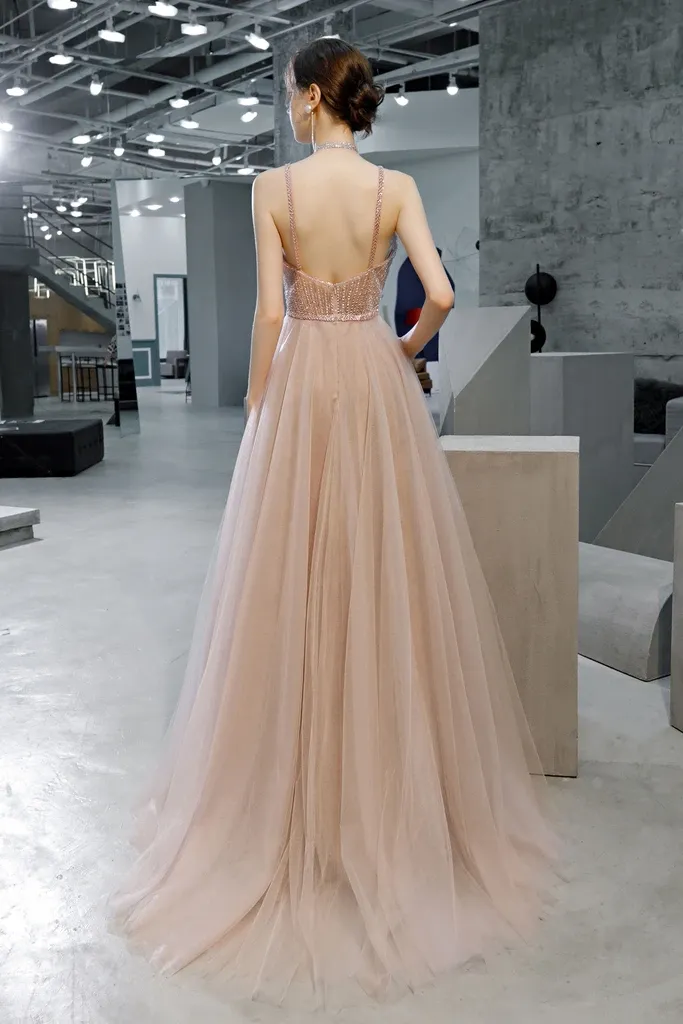 Promfast Stunning A Line SpaghettI Straps Long Tulle Zipper Back Prom Dresses PFP1814