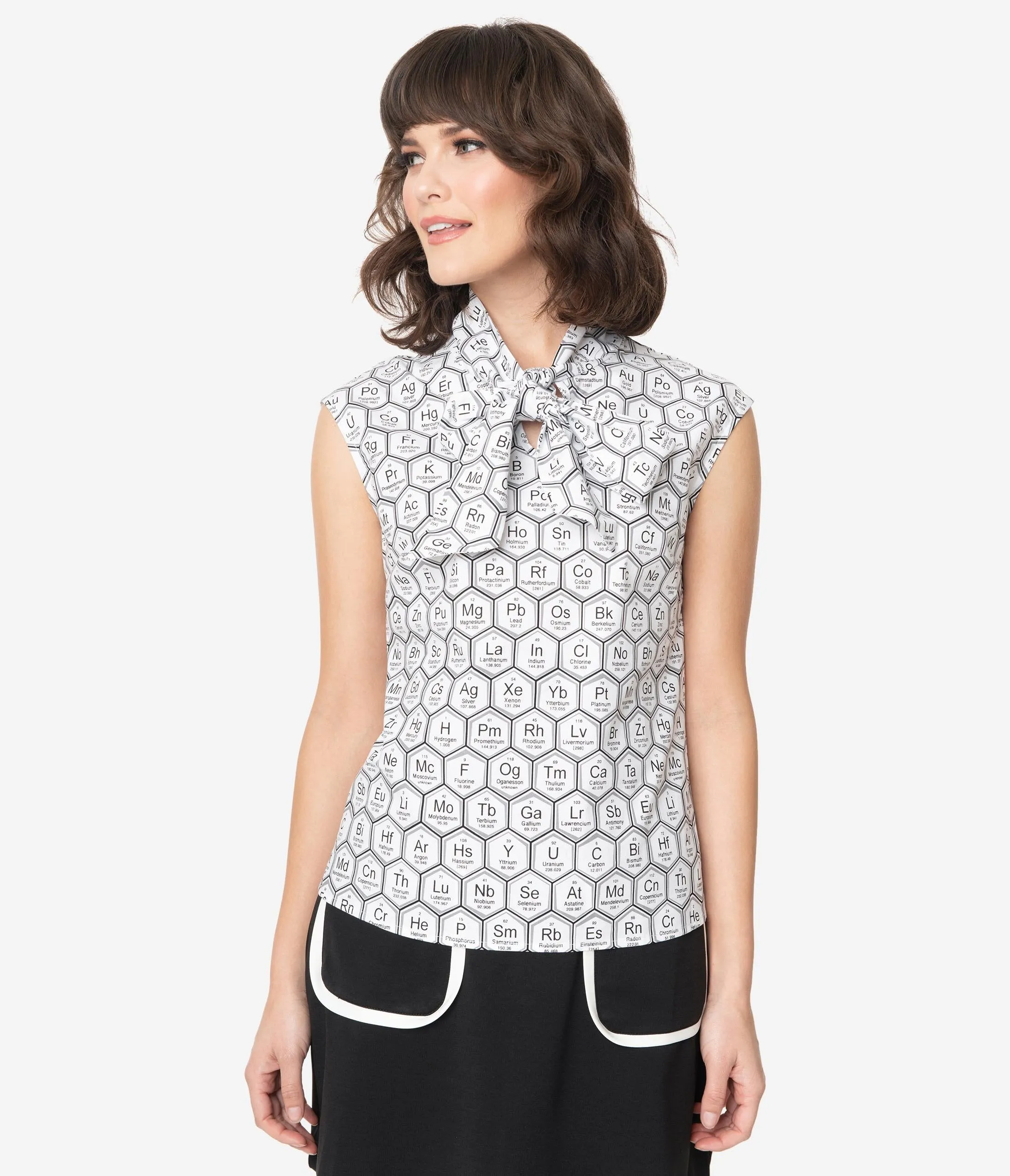 Retrolicious Black & White Elements Print Sleeveless Blouse