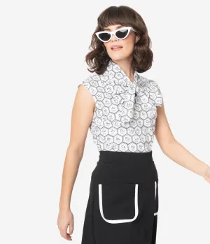 Retrolicious Black & White Elements Print Sleeveless Blouse