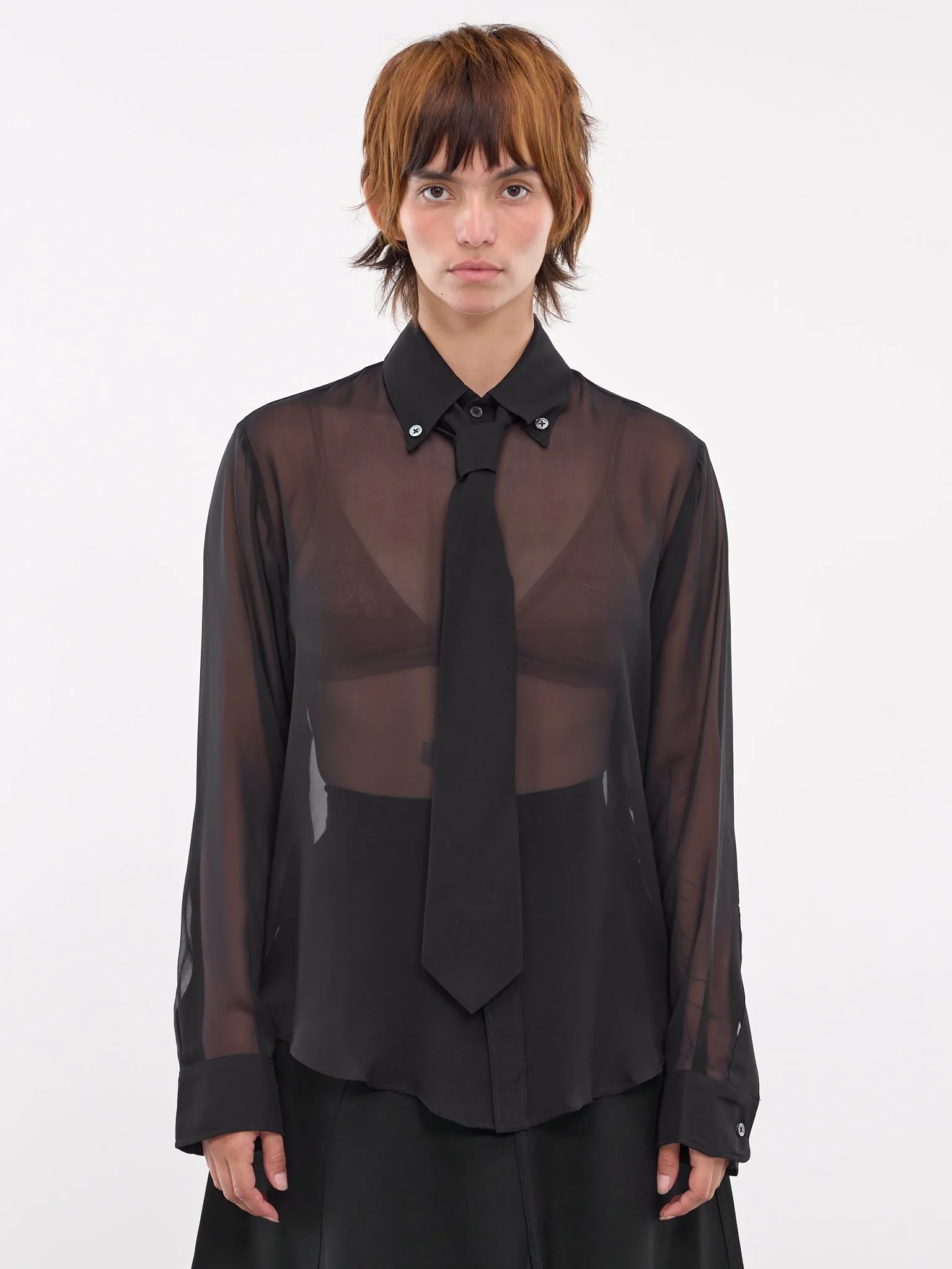 Sheer Chiffon Shirt & Tie (VAQ08B003-BLACK)