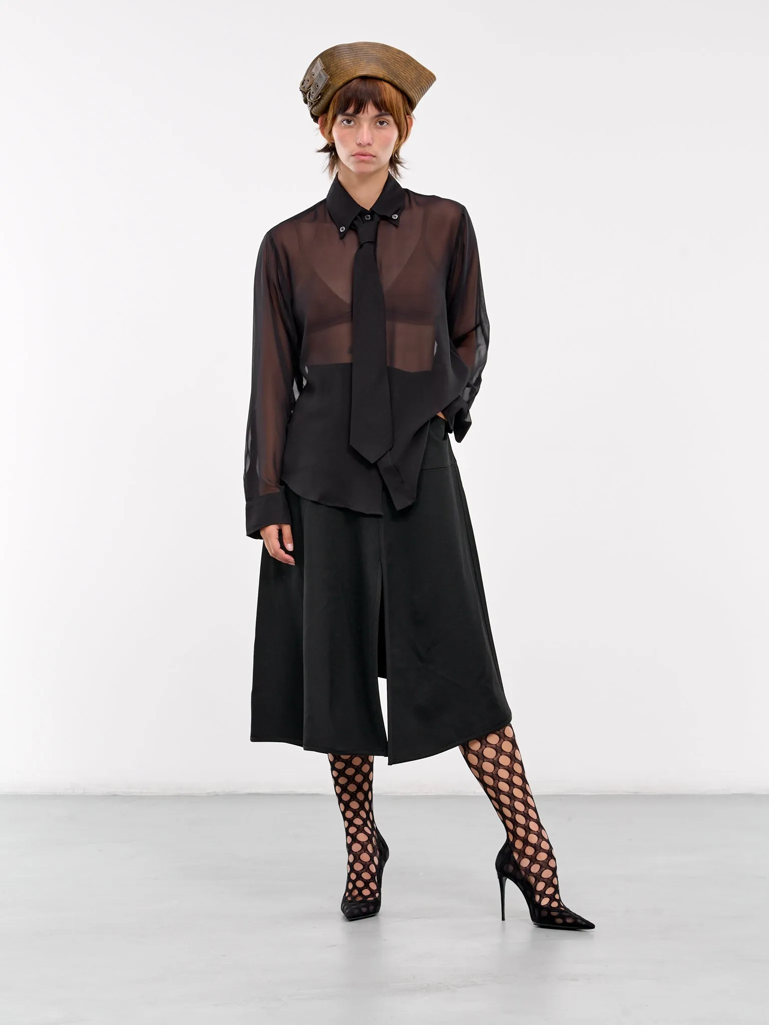 Sheer Chiffon Shirt & Tie (VAQ08B003-BLACK)