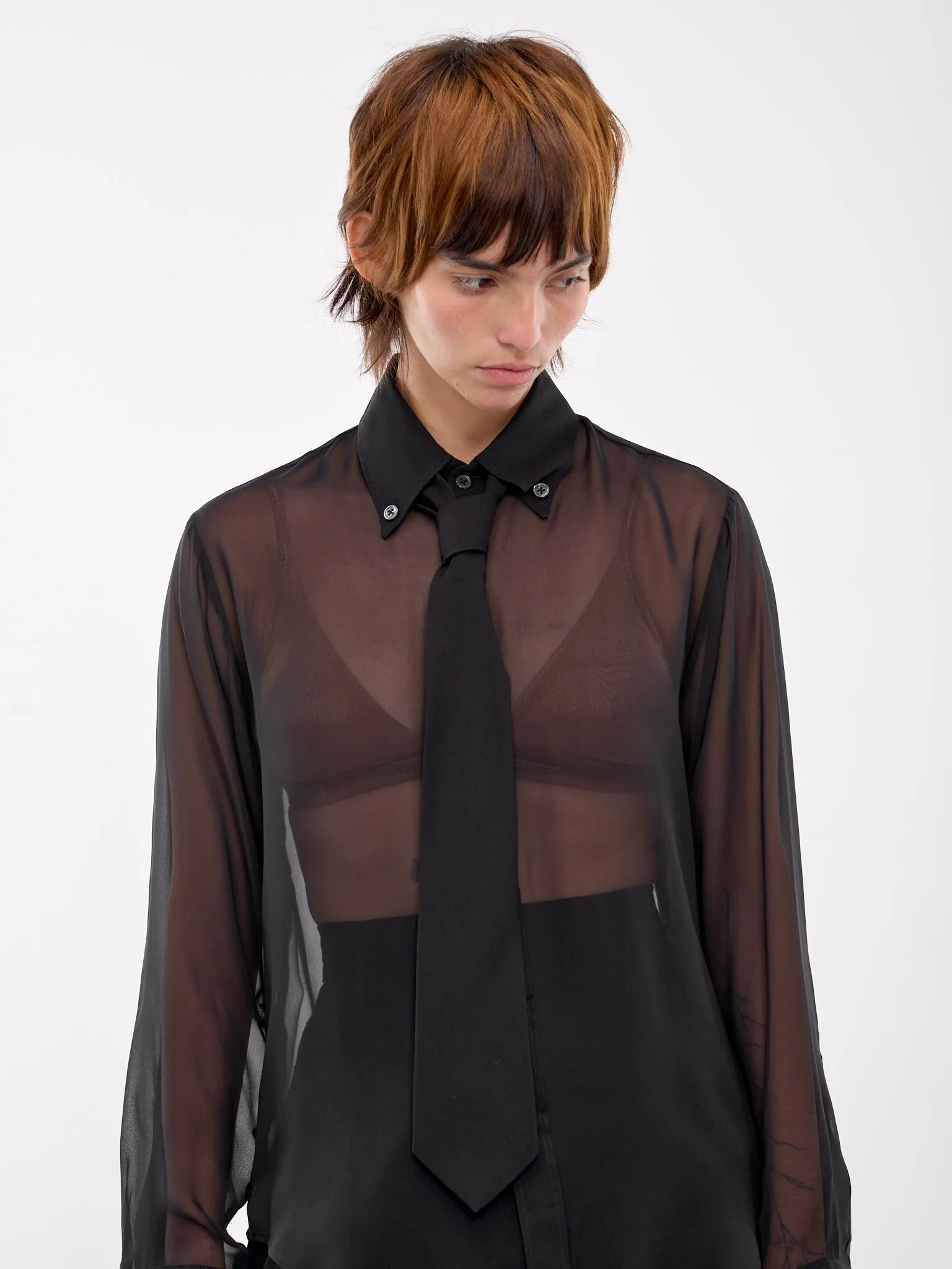 Sheer Chiffon Shirt & Tie (VAQ08B003-BLACK)