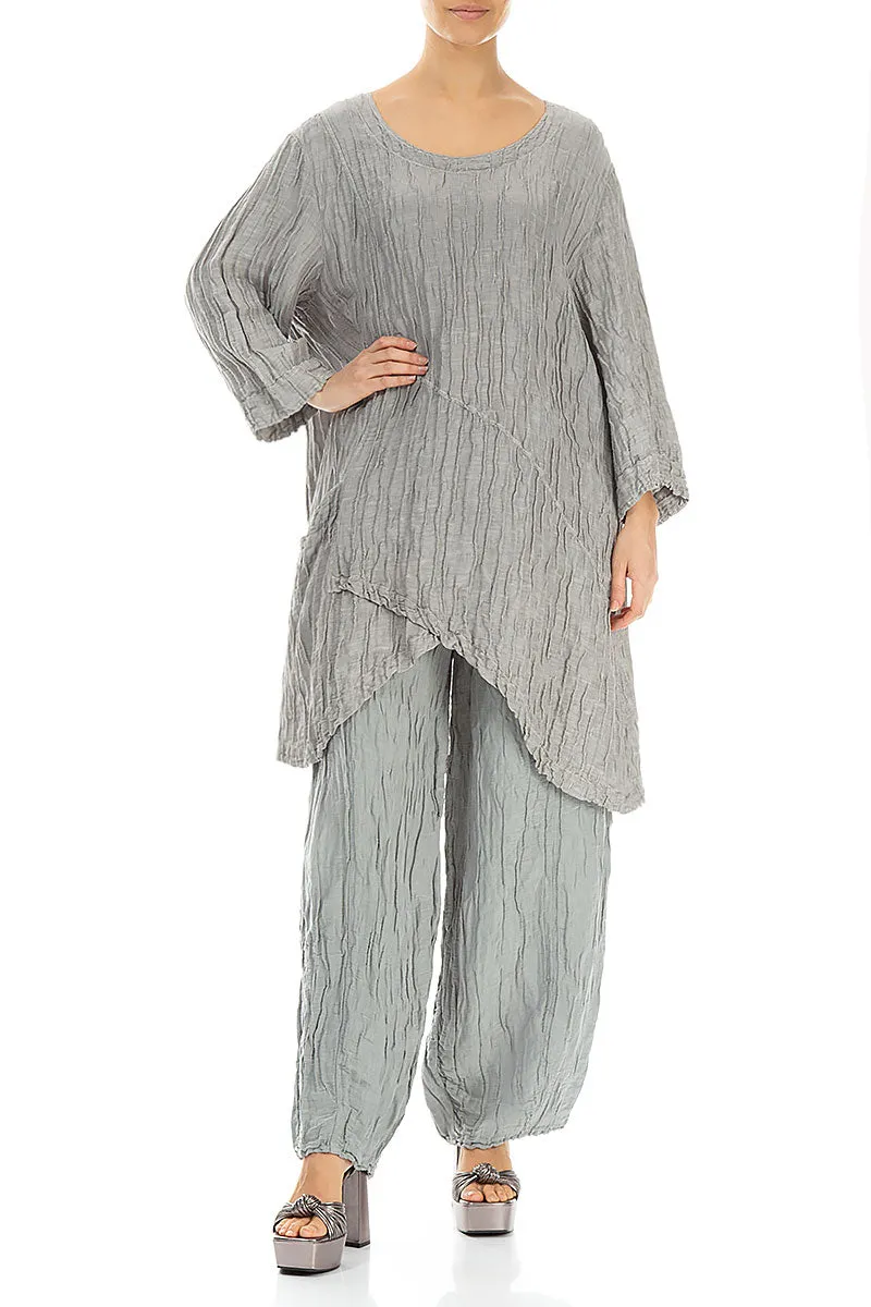 Side Pocket Crinkled Silver Silk Linen Tunic