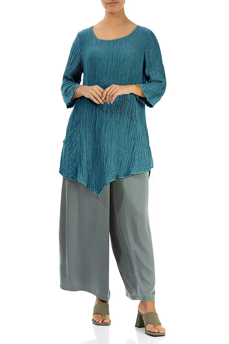 Side Pocket Crinkled Turquoise Silk Tunic