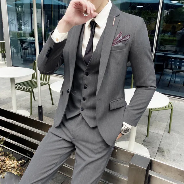 West Louis 3 Pieces Set Casual Stripe Business Groom Suit