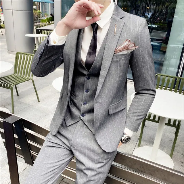 West Louis 3 Pieces Set Casual Stripe Business Groom Suit
