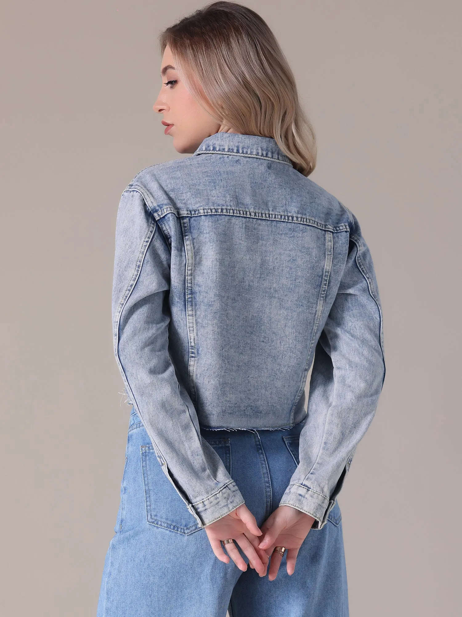 Women's Jean Jackets Long Sleeve Frayed Hem Trendy Cropped Denim Jacket