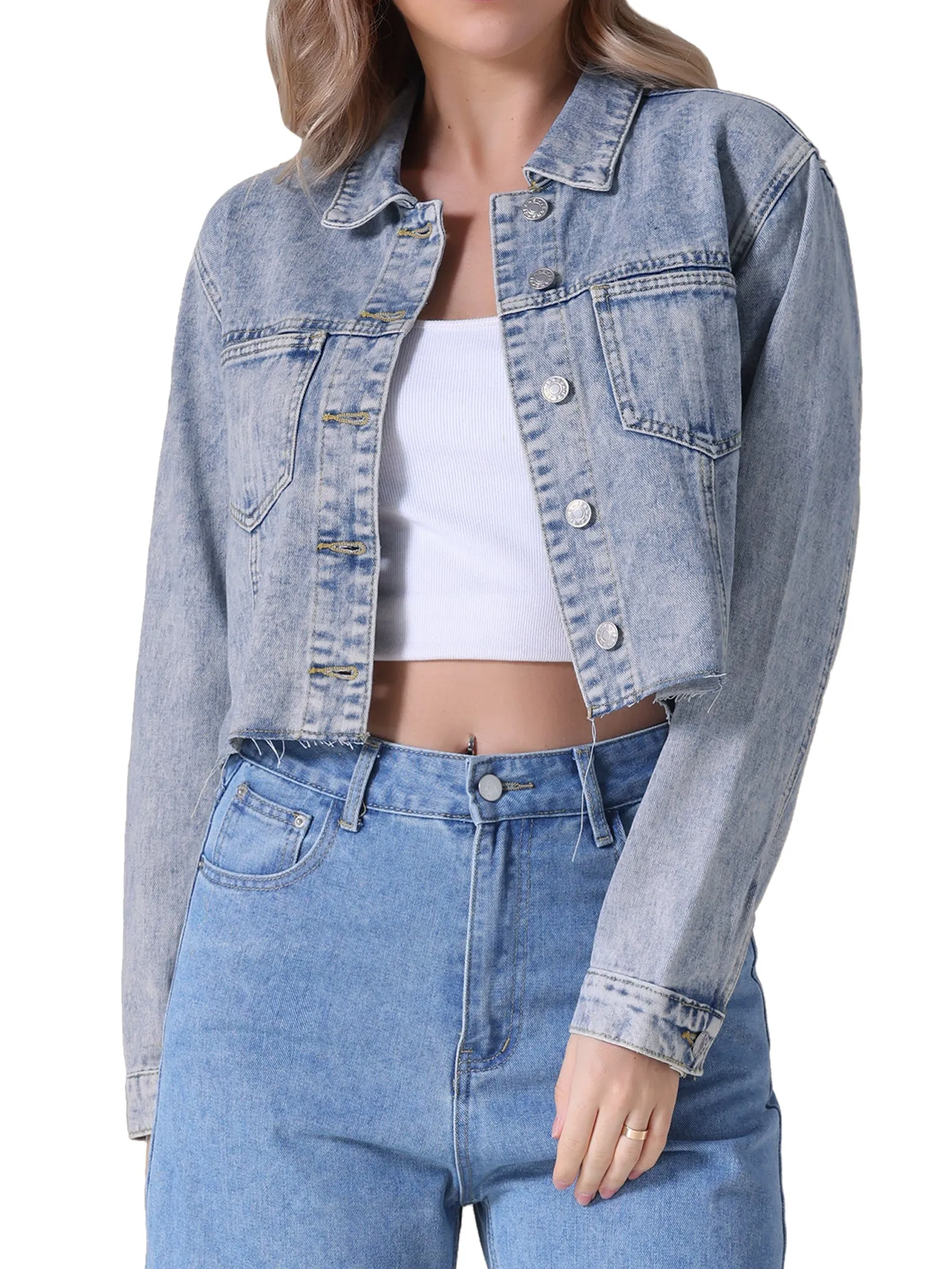 Women's Jean Jackets Long Sleeve Frayed Hem Trendy Cropped Denim Jacket