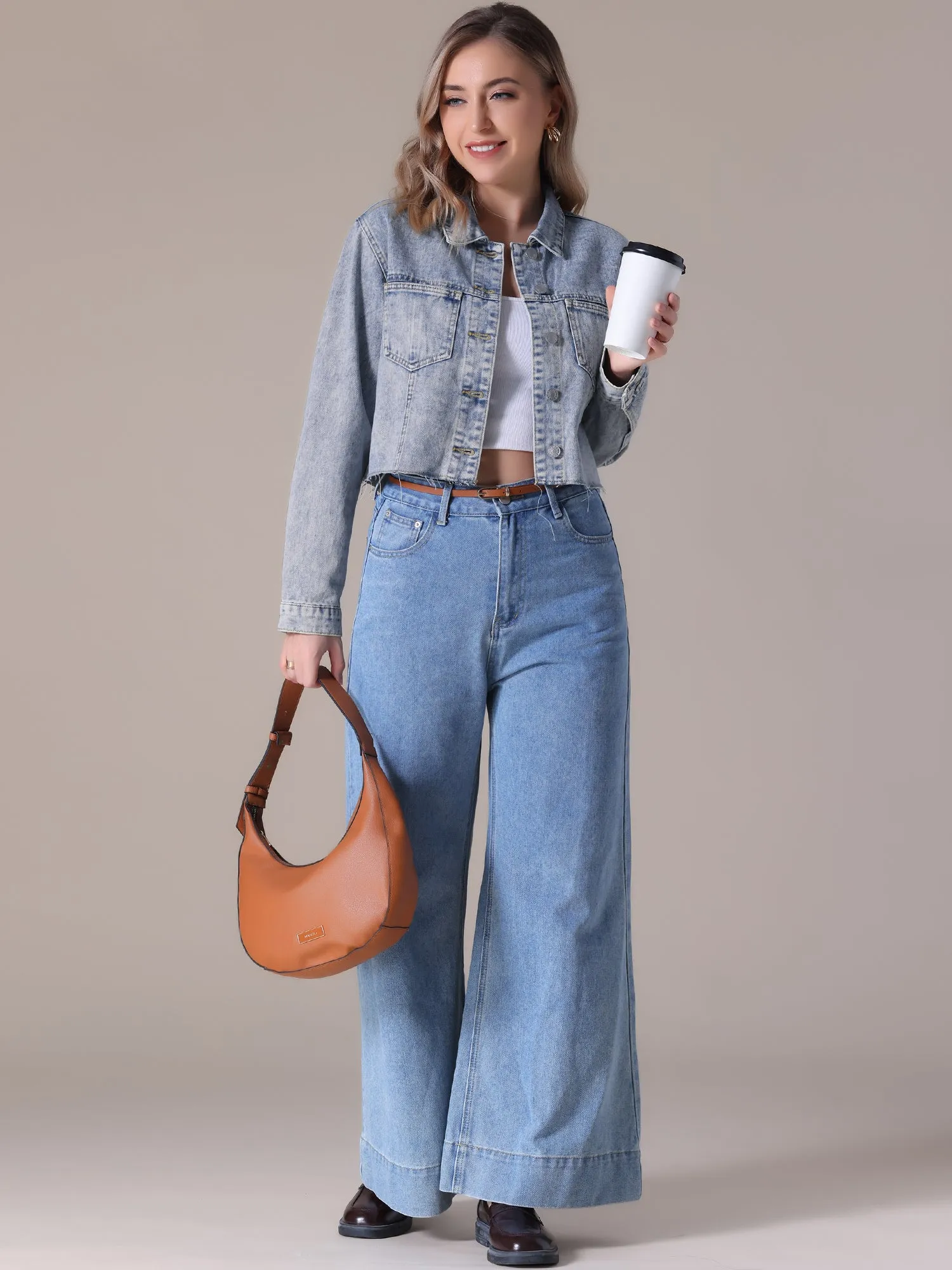 Women's Jean Jackets Long Sleeve Frayed Hem Trendy Cropped Denim Jacket