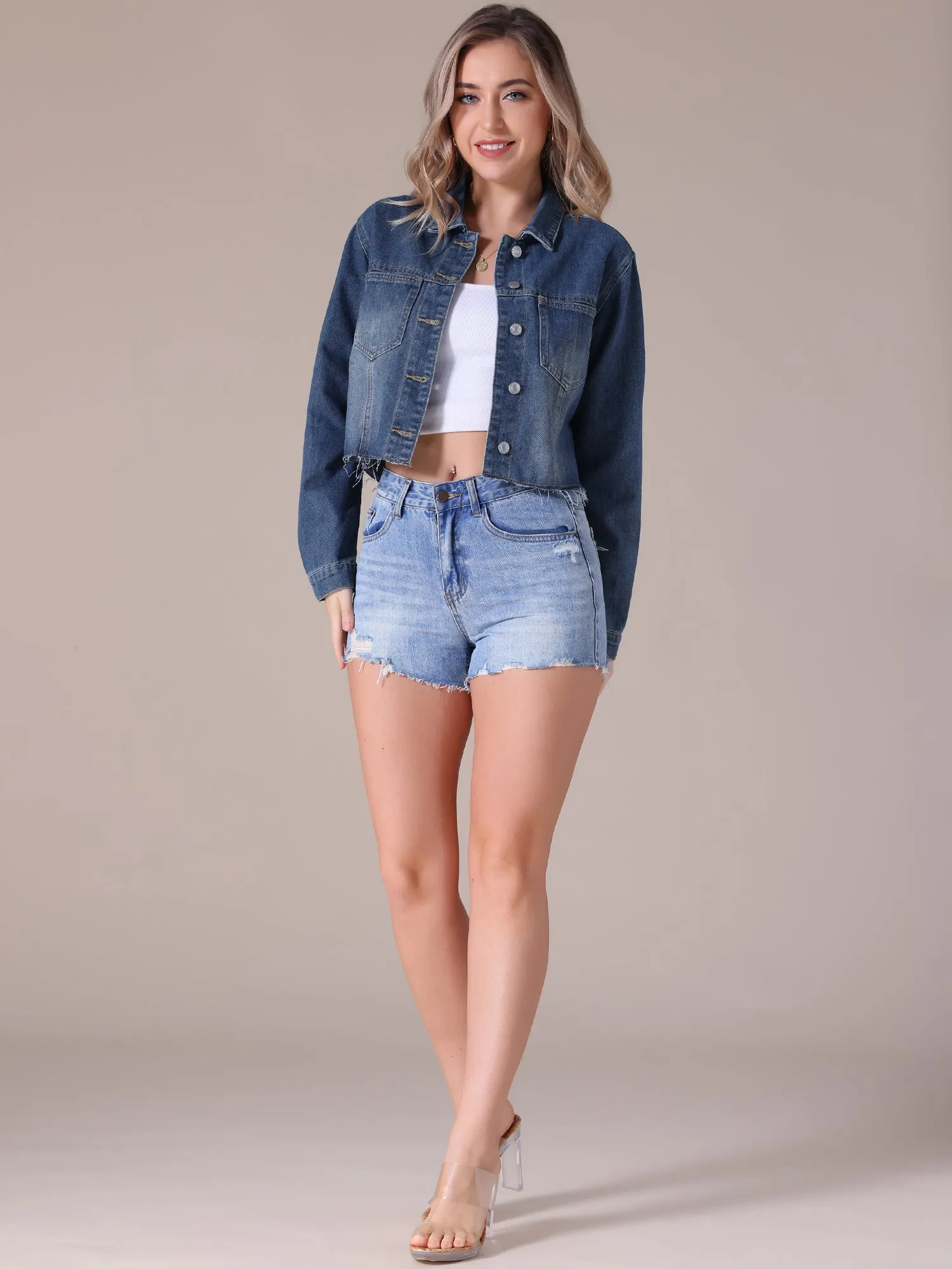 Women's Jean Jackets Long Sleeve Frayed Hem Trendy Cropped Denim Jacket