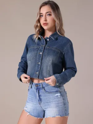 Women's Jean Jackets Long Sleeve Frayed Hem Trendy Cropped Denim Jacket