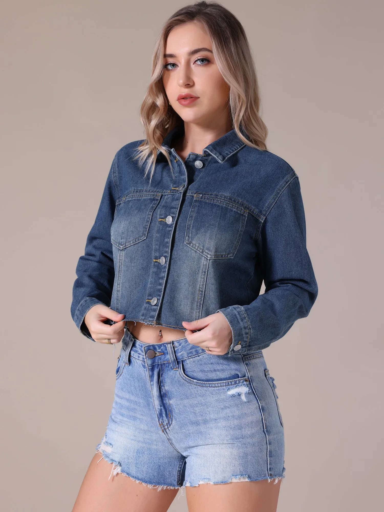 Women's Jean Jackets Long Sleeve Frayed Hem Trendy Cropped Denim Jacket