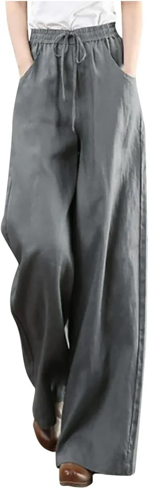 Womens Plus Size High Waist Wide Leg Baggy Cotton Linen Yoga Pants Casual Loose Lounge Palazzo Trousers with Pocket